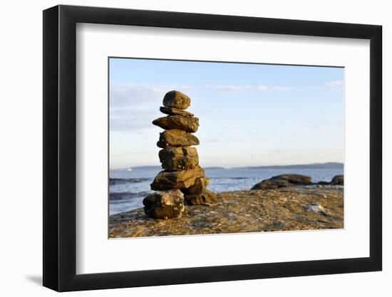 Canada, British Columbia, Russell Island. Rock Inukshuk in front of Salt Spring Island.-Kevin Oke-Framed Photographic Print