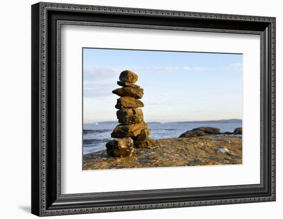 Canada, British Columbia, Russell Island. Rock Inukshuk in front of Salt Spring Island.-Kevin Oke-Framed Photographic Print