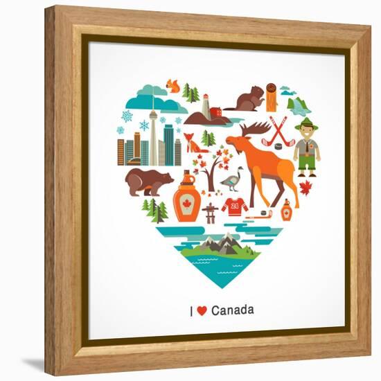 Canada Love - Heart With Many Icons And Illustrations-Marish-Framed Stretched Canvas