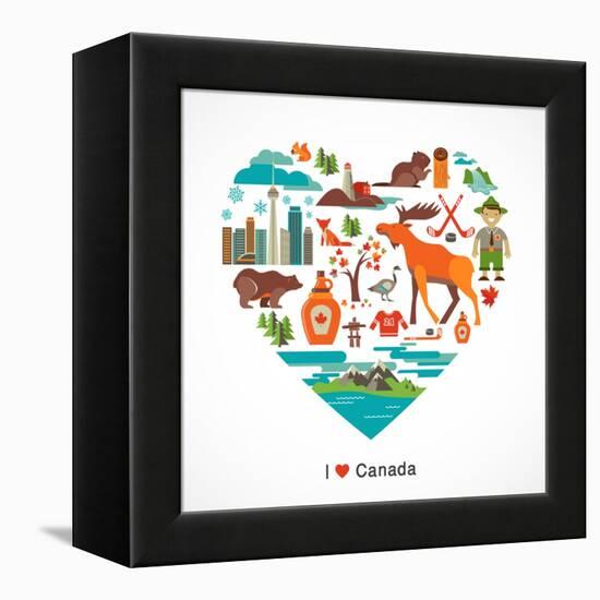 Canada Love - Heart With Many Icons And Illustrations-Marish-Framed Stretched Canvas