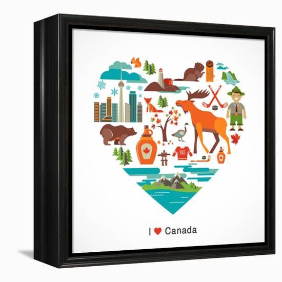 Canada Love - Heart With Many Icons And Illustrations-Marish-Framed Stretched Canvas