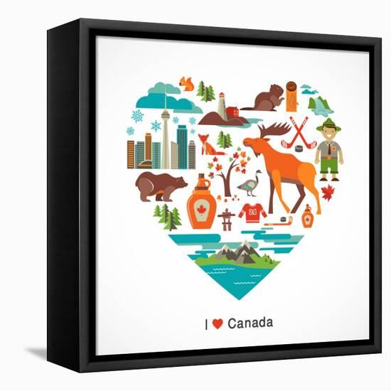 Canada Love - Heart With Many Icons And Illustrations-Marish-Framed Stretched Canvas
