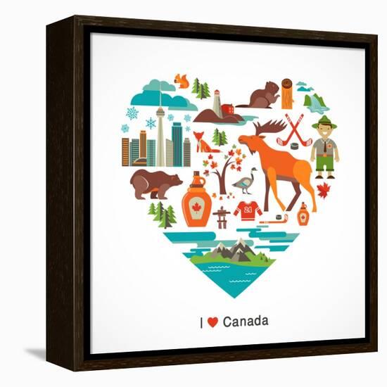 Canada Love - Heart With Many Icons And Illustrations-Marish-Framed Stretched Canvas