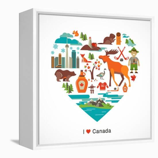 Canada Love - Heart With Many Icons And Illustrations-Marish-Framed Stretched Canvas