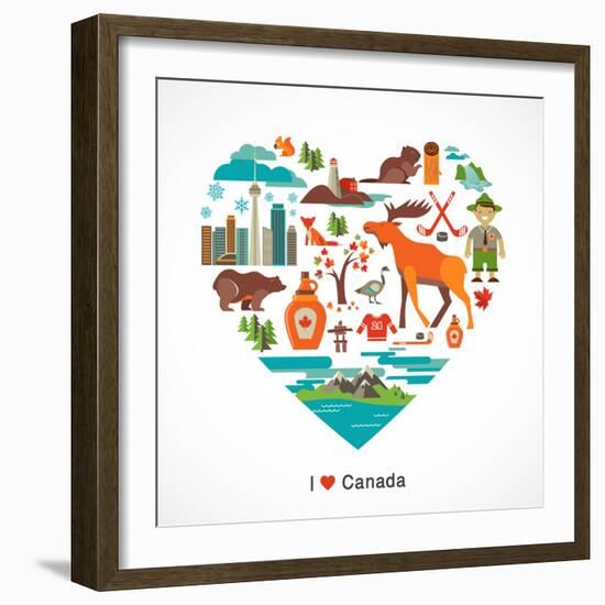 Canada Love - Heart With Many Icons And Illustrations-Marish-Framed Art Print