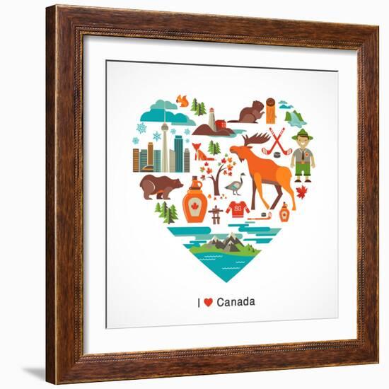 Canada Love - Heart With Many Icons And Illustrations-Marish-Framed Art Print