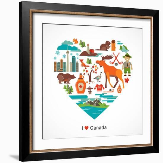 Canada Love - Heart With Many Icons And Illustrations-Marish-Framed Art Print