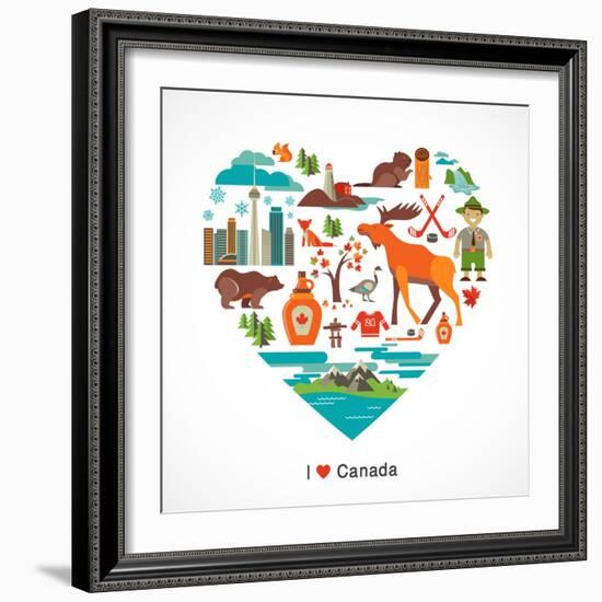 Canada Love - Heart With Many Icons And Illustrations-Marish-Framed Art Print