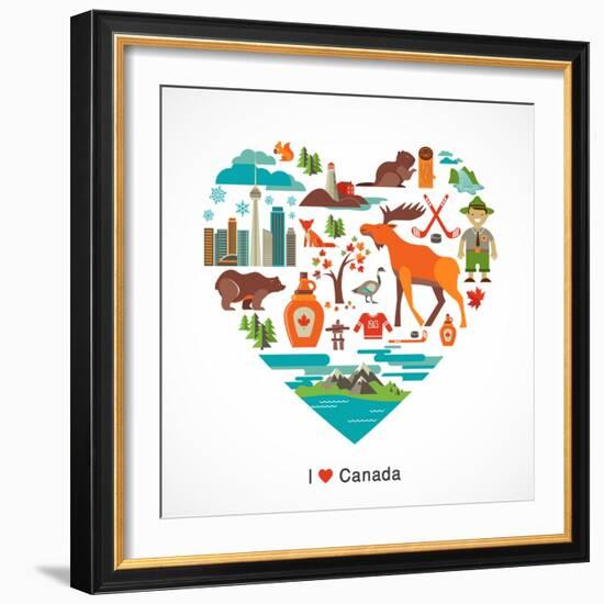 Canada Love - Heart With Many Icons And Illustrations-Marish-Framed Art Print