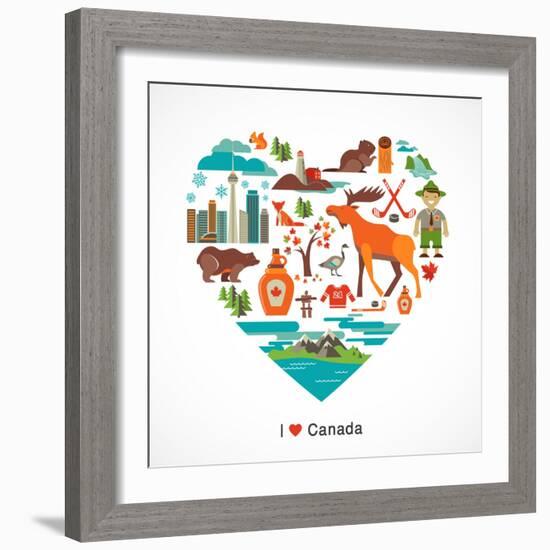 Canada Love - Heart With Many Icons And Illustrations-Marish-Framed Premium Giclee Print