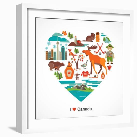 Canada Love - Heart With Many Icons And Illustrations-Marish-Framed Premium Giclee Print