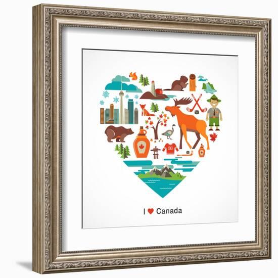 Canada Love - Heart With Many Icons And Illustrations-Marish-Framed Art Print