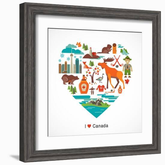 Canada Love - Heart With Many Icons And Illustrations-Marish-Framed Art Print