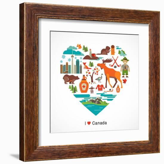 Canada Love - Heart With Many Icons And Illustrations-Marish-Framed Art Print