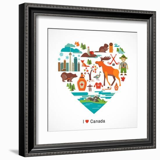 Canada Love - Heart With Many Icons And Illustrations-Marish-Framed Art Print