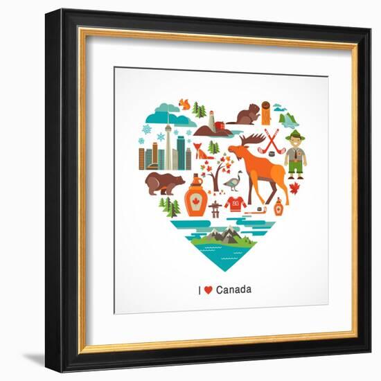 Canada Love - Heart With Many Icons And Illustrations-Marish-Framed Art Print