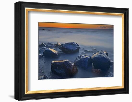 Canada, Manitoba, Winnipeg. Waves on shoreline rocks of Lake Winnipeg at dusk.-Jaynes Gallery-Framed Photographic Print