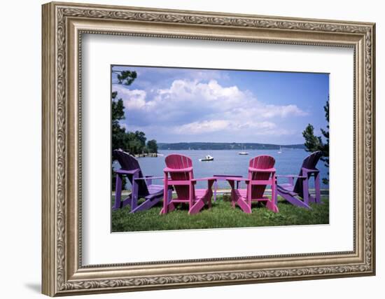 Canada, Nova Scotia, Mahone Bay, Colorful Adirondack Chairs Overlook the Calm Bay-Ann Collins-Framed Photographic Print