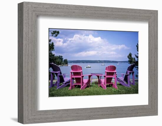 Canada, Nova Scotia, Mahone Bay, Colorful Adirondack Chairs Overlook the Calm Bay-Ann Collins-Framed Photographic Print