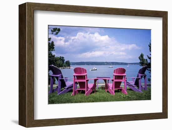 Canada, Nova Scotia, Mahone Bay, Colorful Adirondack Chairs Overlook the Calm Bay-Ann Collins-Framed Photographic Print