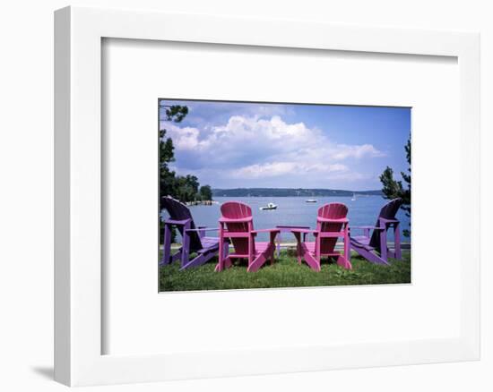 Canada, Nova Scotia, Mahone Bay, Colorful Adirondack Chairs Overlook the Calm Bay-Ann Collins-Framed Photographic Print