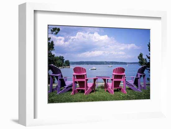 Canada, Nova Scotia, Mahone Bay, Colorful Adirondack Chairs Overlook the Calm Bay-Ann Collins-Framed Photographic Print