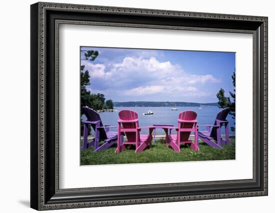 Canada, Nova Scotia, Mahone Bay, Colorful Adirondack Chairs Overlook the Calm Bay-Ann Collins-Framed Photographic Print