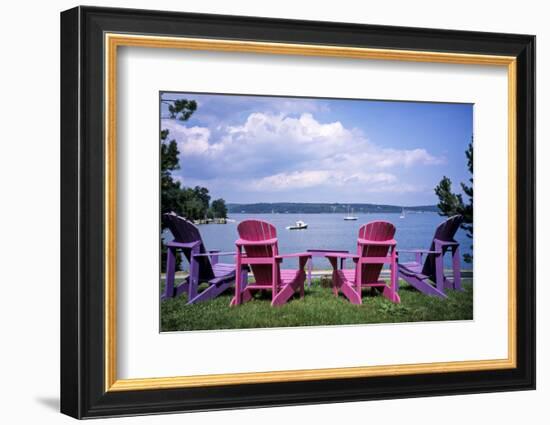 Canada, Nova Scotia, Mahone Bay, Colorful Adirondack Chairs Overlook the Calm Bay-Ann Collins-Framed Photographic Print