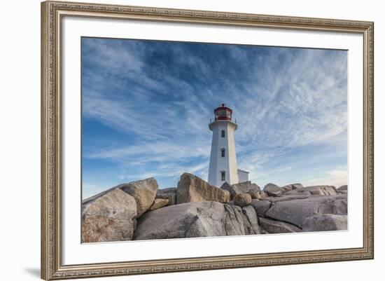 Canada, Nova Scotia, Peggy's Cove. Fishing village and Peggys Point Lighthouse.-Walter Bibikow-Framed Photographic Print