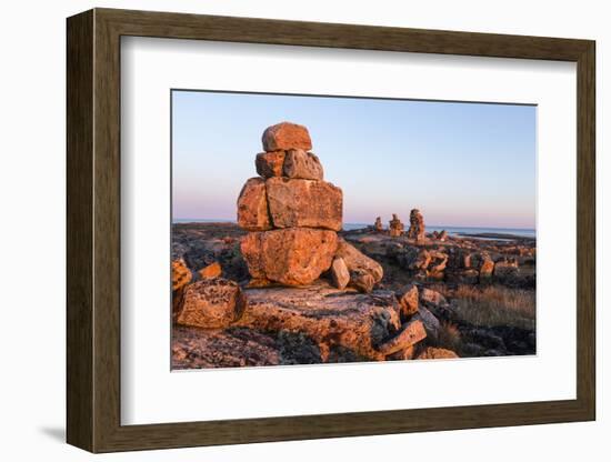 Canada, Nunavut, Territory, Stone Cairn on Harbor Islands at Sunset-Paul Souders-Framed Photographic Print