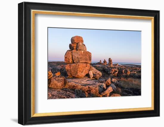 Canada, Nunavut, Territory, Stone Cairn on Harbor Islands at Sunset-Paul Souders-Framed Photographic Print