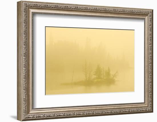 Canada, Ontario. Heavy Morning Fog on Lake with Small Island-Jaynes Gallery-Framed Photographic Print