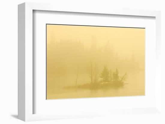 Canada, Ontario. Heavy Morning Fog on Lake with Small Island-Jaynes Gallery-Framed Photographic Print