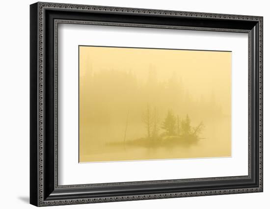 Canada, Ontario. Heavy Morning Fog on Lake with Small Island-Jaynes Gallery-Framed Photographic Print