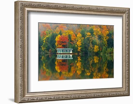 Canada, Ontario, Rosseau. Boathouse and reflection in autumn.-Jaynes Gallery-Framed Photographic Print