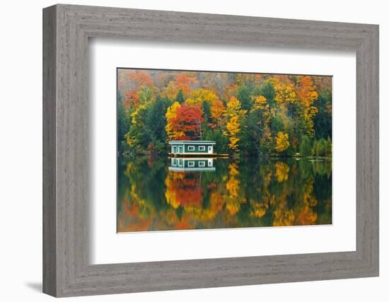 Canada, Ontario, Rosseau. Boathouse and reflection in autumn.-Jaynes Gallery-Framed Photographic Print