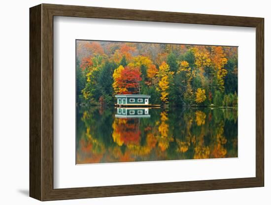 Canada, Ontario, Rosseau. Boathouse and reflection in autumn.-Jaynes Gallery-Framed Photographic Print