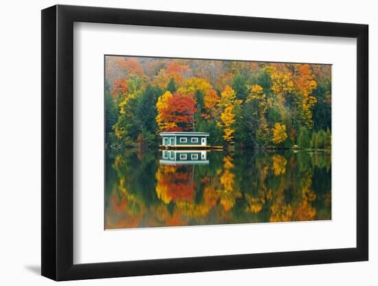 Canada, Ontario, Rosseau. Boathouse and reflection in autumn.-Jaynes Gallery-Framed Photographic Print