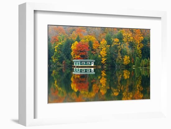 Canada, Ontario, Rosseau. Boathouse and reflection in autumn.-Jaynes Gallery-Framed Photographic Print