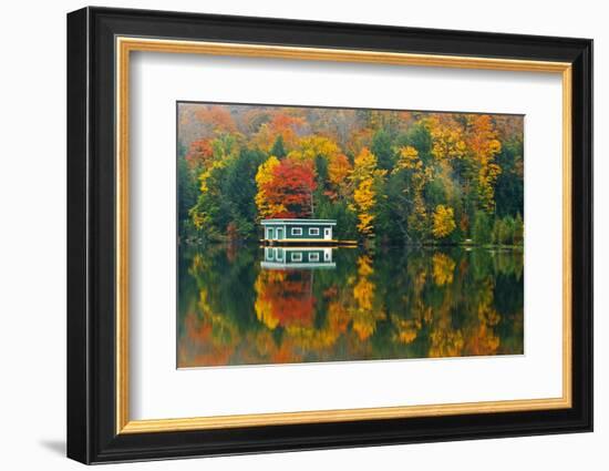 Canada, Ontario, Rosseau. Boathouse and reflection in autumn.-Jaynes Gallery-Framed Photographic Print