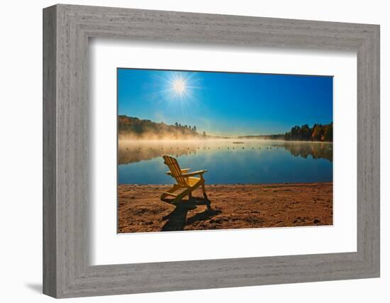 Canada, Ontario, Silent Lake Provincial Park. Muskoka chair and morning fog on Silent Lake.-Jaynes Gallery-Framed Photographic Print