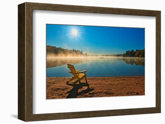 Canada, Ontario, Silent Lake Provincial Park. Muskoka chair and morning fog on Silent Lake.-Jaynes Gallery-Framed Photographic Print