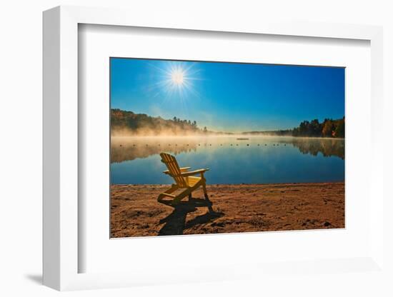 Canada, Ontario, Silent Lake Provincial Park. Muskoka chair and morning fog on Silent Lake.-Jaynes Gallery-Framed Photographic Print