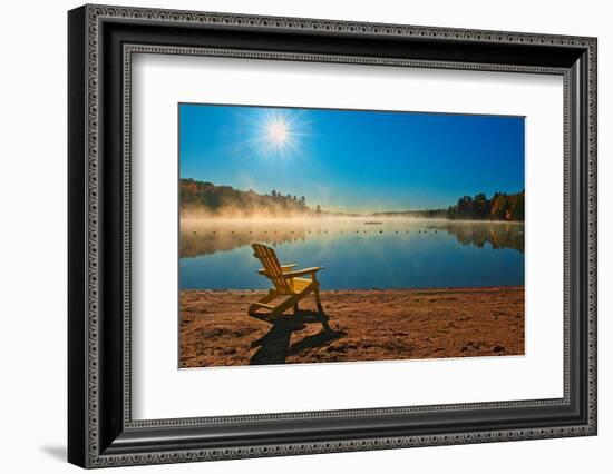 Canada, Ontario, Silent Lake Provincial Park. Muskoka chair and morning fog on Silent Lake.-Jaynes Gallery-Framed Photographic Print