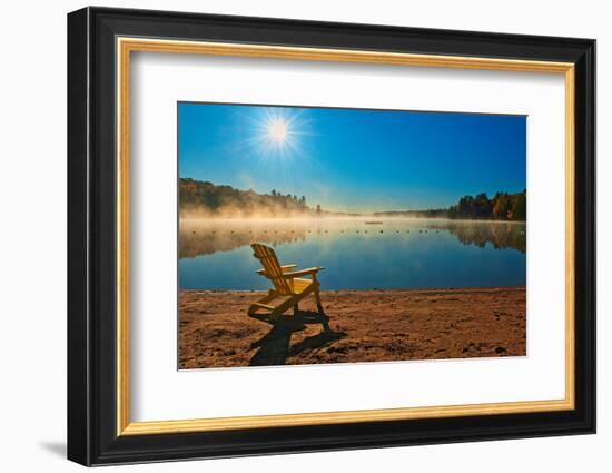 Canada, Ontario, Silent Lake Provincial Park. Muskoka chair and morning fog on Silent Lake.-Jaynes Gallery-Framed Photographic Print