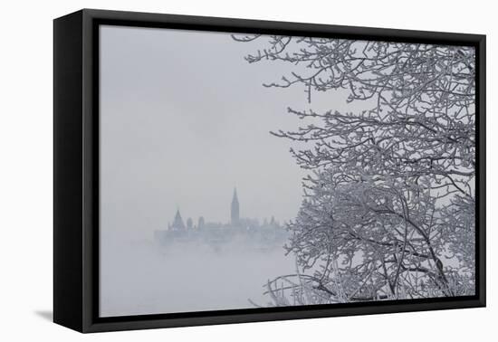 Canada, Ottawa, Ottawa River. Parliament Buildings Seen Through Fog-Bill Young-Framed Premier Image Canvas