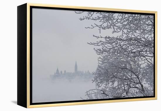 Canada, Ottawa, Ottawa River. Parliament Buildings Seen Through Fog-Bill Young-Framed Premier Image Canvas