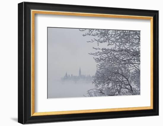 Canada, Ottawa, Ottawa River. Parliament Buildings Seen Through Fog-Bill Young-Framed Photographic Print