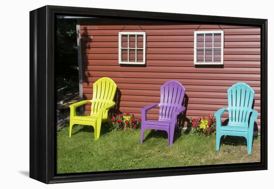 Canada, Peggy's Cove, Nova Scotia, Barn with Colorful Adirondack Chairs with Flowers-Bill Bachmann-Framed Premier Image Canvas