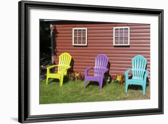 Canada, Peggy's Cove, Nova Scotia, Barn with Colorful Adirondack Chairs with Flowers-Bill Bachmann-Framed Photographic Print